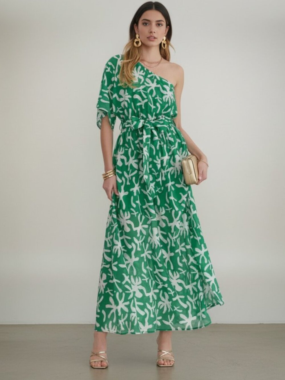 Entro NWT Nina Green One-Shoulder Printed Midi Dress with Slit Sz S